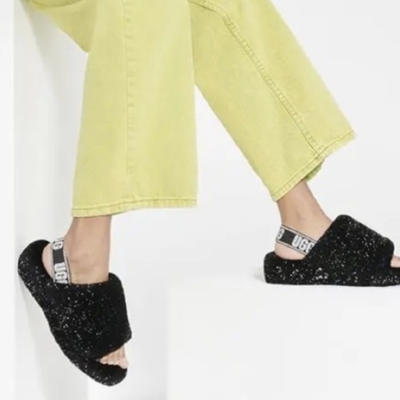 ugg fluff yeah metallic sparkle slides black silver women's size 5.5 - Picture 10 of 11